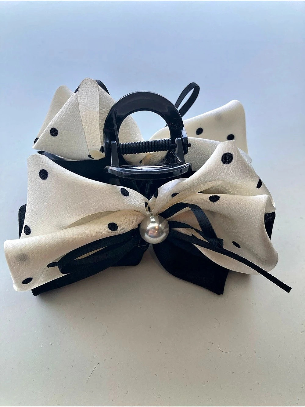 Polka Dot Bow Hair Clip in Cream & Black Like New